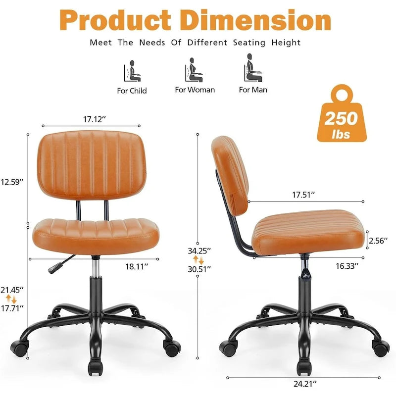 Chaise de bureau sans accoudoirs en cuir PU Gris / Marron / Blanc / Noir avec support lombaire et roulettes - Usage unique