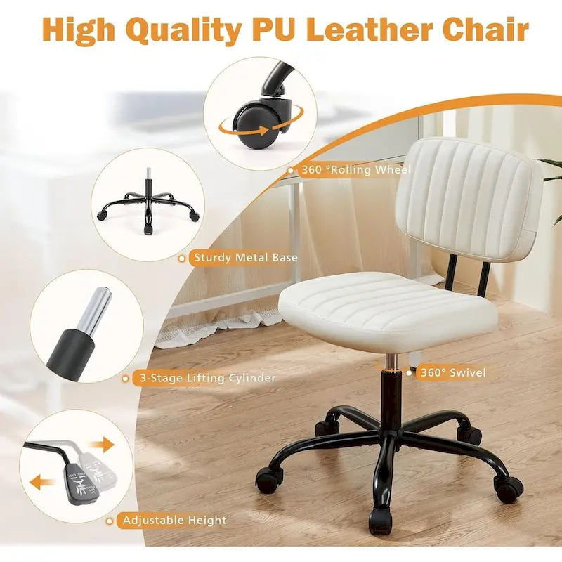 Chaise de bureau sans accoudoirs en cuir PU Gris / Marron / Blanc / Noir avec support lombaire et roulettes - Usage unique