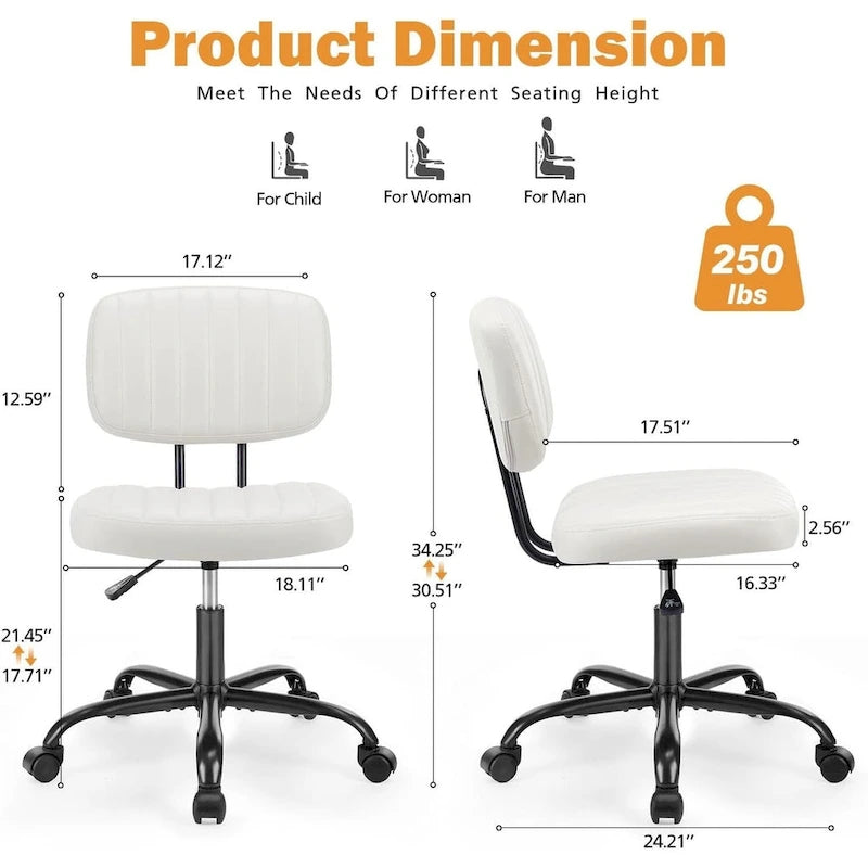 Chaise de bureau sans accoudoirs en cuir PU Gris / Marron / Blanc / Noir avec support lombaire et roulettes - Usage unique