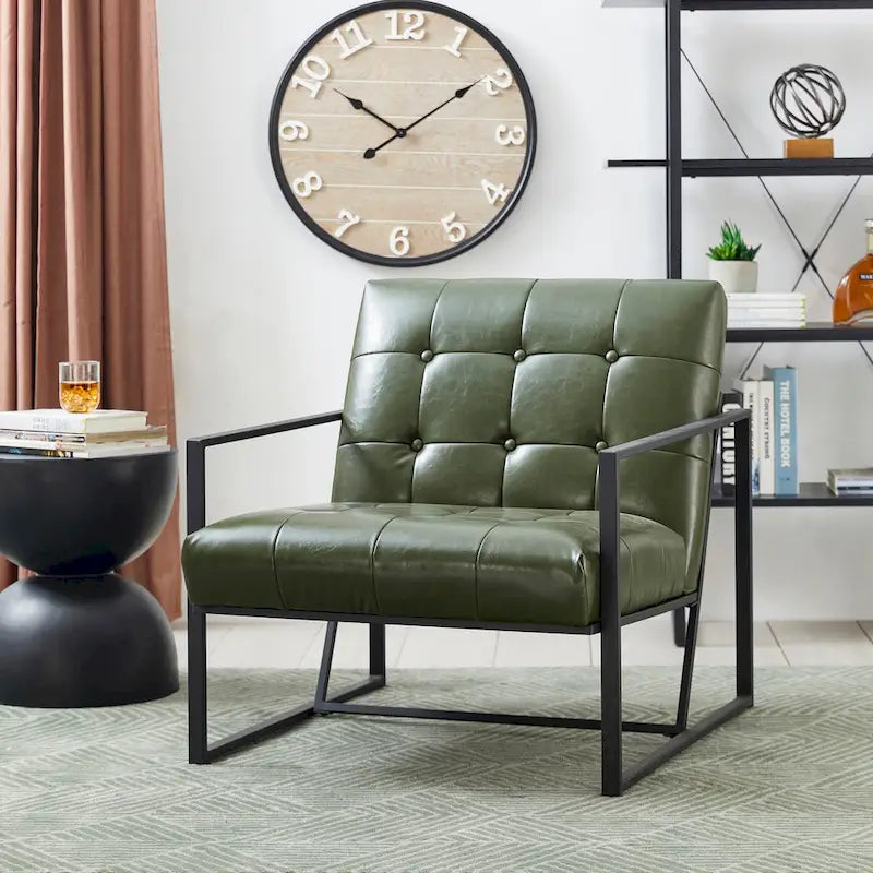 Fauteuil d'appoint capitonné en similicuir de style Mid-Century marron/noir/vert foncé/cadre jaune chromé/camel/crème/vert chasseur/bleu marine – usage unique
