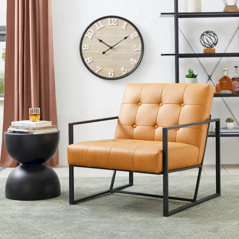 Fauteuil d'appoint capitonné en similicuir de style Mid-Century marron/noir/vert foncé/cadre jaune chromé/camel/crème/vert chasseur/bleu marine – usage unique