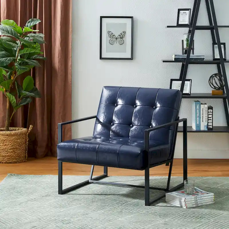 Fauteuil d'appoint capitonné en similicuir de style Mid-Century marron/noir/vert foncé/cadre jaune chromé/camel/crème/vert chasseur/bleu marine – usage unique