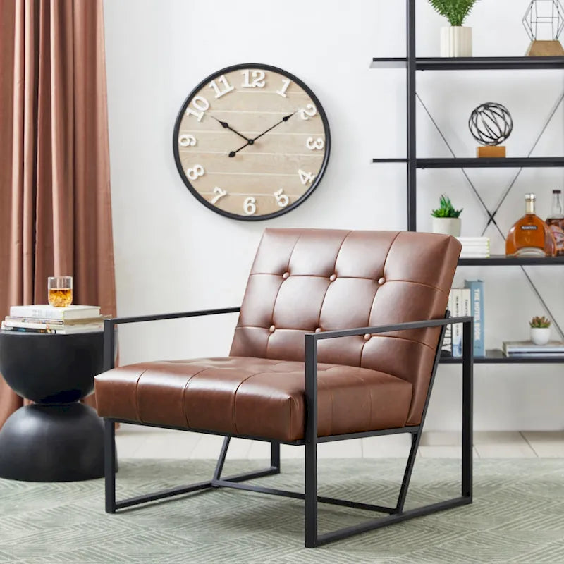 Fauteuil d'appoint capitonné en similicuir de style Mid-Century marron/noir/vert foncé/cadre jaune chromé/camel/crème/vert chasseur/bleu marine – usage unique