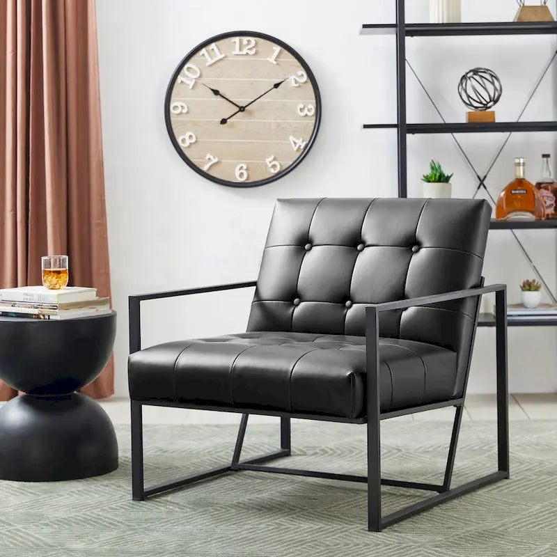 Fauteuil d'appoint capitonné en similicuir de style Mid-Century marron/noir/vert foncé/cadre jaune chromé/camel/crème/vert chasseur/bleu marine – usage unique