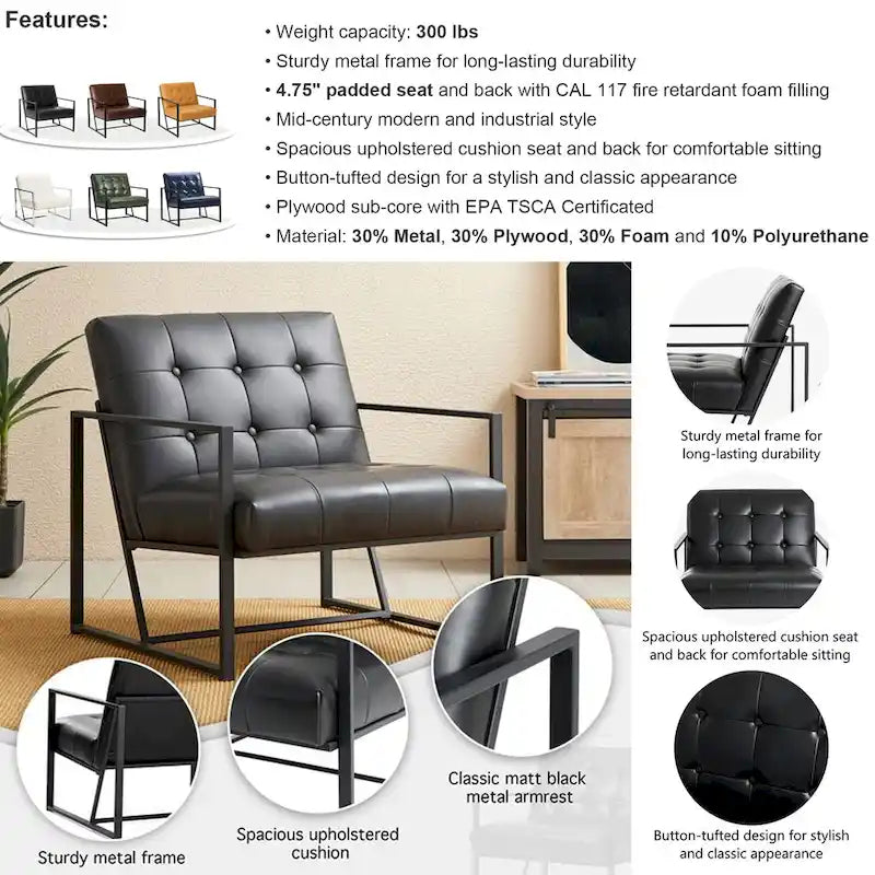 Fauteuil d'appoint capitonné en similicuir de style Mid-Century marron/noir/vert foncé/cadre jaune chromé/camel/crème/vert chasseur/bleu marine – usage unique