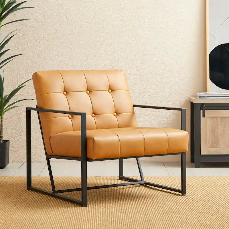 Fauteuil d'appoint capitonné en similicuir de style Mid-Century marron/noir/vert foncé/cadre jaune chromé/camel/crème/vert chasseur/bleu marine – usage unique