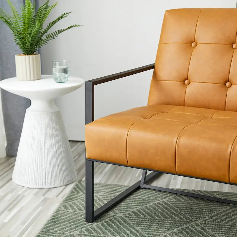 Fauteuil d'appoint capitonné en similicuir de style Mid-Century marron/noir/vert foncé/cadre jaune chromé/camel/crème/vert chasseur/bleu marine – usage unique