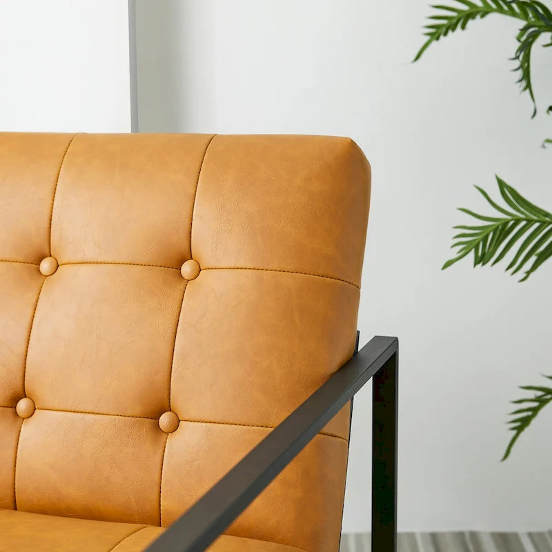 Fauteuil d'appoint capitonné en similicuir de style Mid-Century marron/noir/vert foncé/cadre jaune chromé/camel/crème/vert chasseur/bleu marine – usage unique