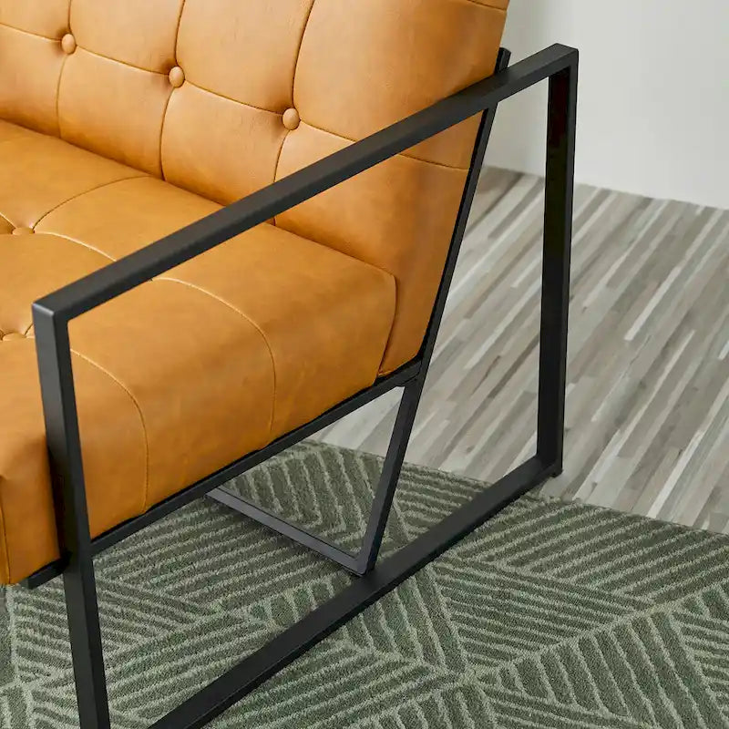 Fauteuil d'appoint capitonné en similicuir de style Mid-Century marron/noir/vert foncé/cadre jaune chromé/camel/crème/vert chasseur/bleu marine – usage unique
