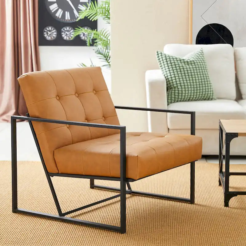 Fauteuil d'appoint capitonné en similicuir de style Mid-Century marron/noir/vert foncé/cadre jaune chromé/camel/crème/vert chasseur/bleu marine – usage unique