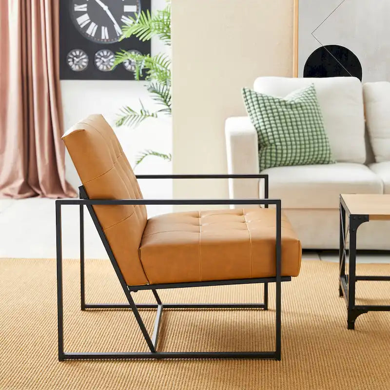 Fauteuil d'appoint capitonné en similicuir de style Mid-Century marron/noir/vert foncé/cadre jaune chromé/camel/crème/vert chasseur/bleu marine – usage unique