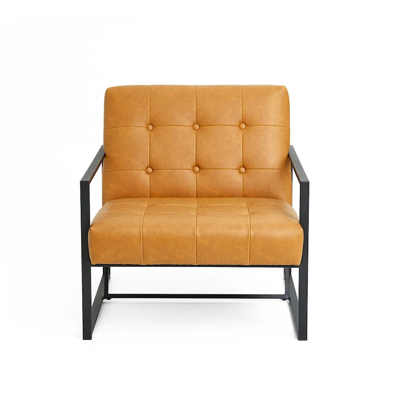 Fauteuil d'appoint capitonné en similicuir de style Mid-Century marron/noir/vert foncé/cadre jaune chromé/camel/crème/vert chasseur/bleu marine – usage unique