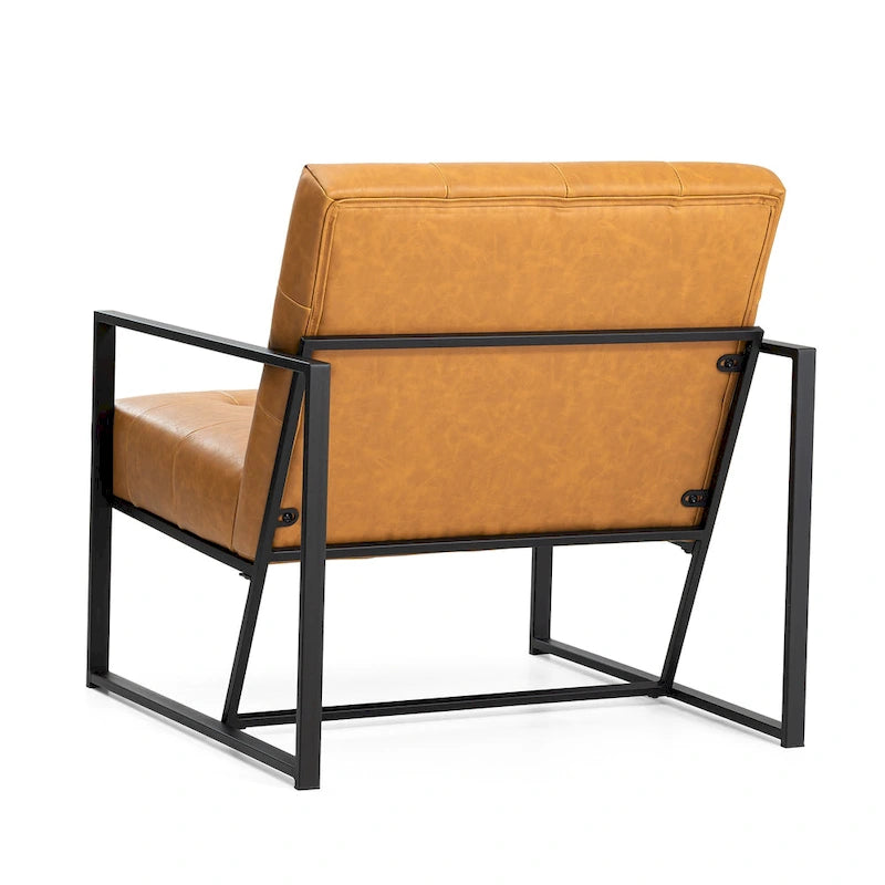 Fauteuil d'appoint capitonné en similicuir de style Mid-Century marron/noir/vert foncé/cadre jaune chromé/camel/crème/vert chasseur/bleu marine – usage unique