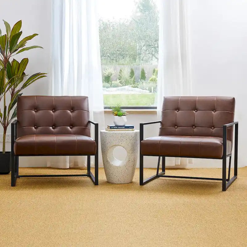 Fauteuil d'appoint capitonné en similicuir de style Mid-Century marron/noir/vert foncé/cadre jaune chromé/camel/crème/vert chasseur/bleu marine – usage unique
