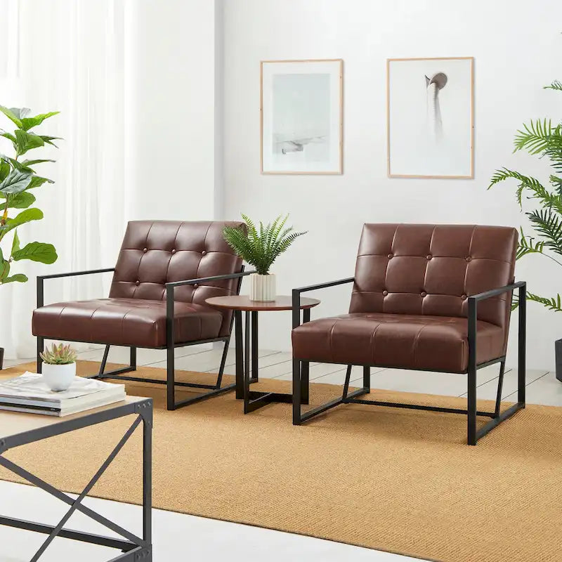 Fauteuil d'appoint capitonné en similicuir de style Mid-Century marron/noir/vert foncé/cadre jaune chromé/camel/crème/vert chasseur/bleu marine – usage unique