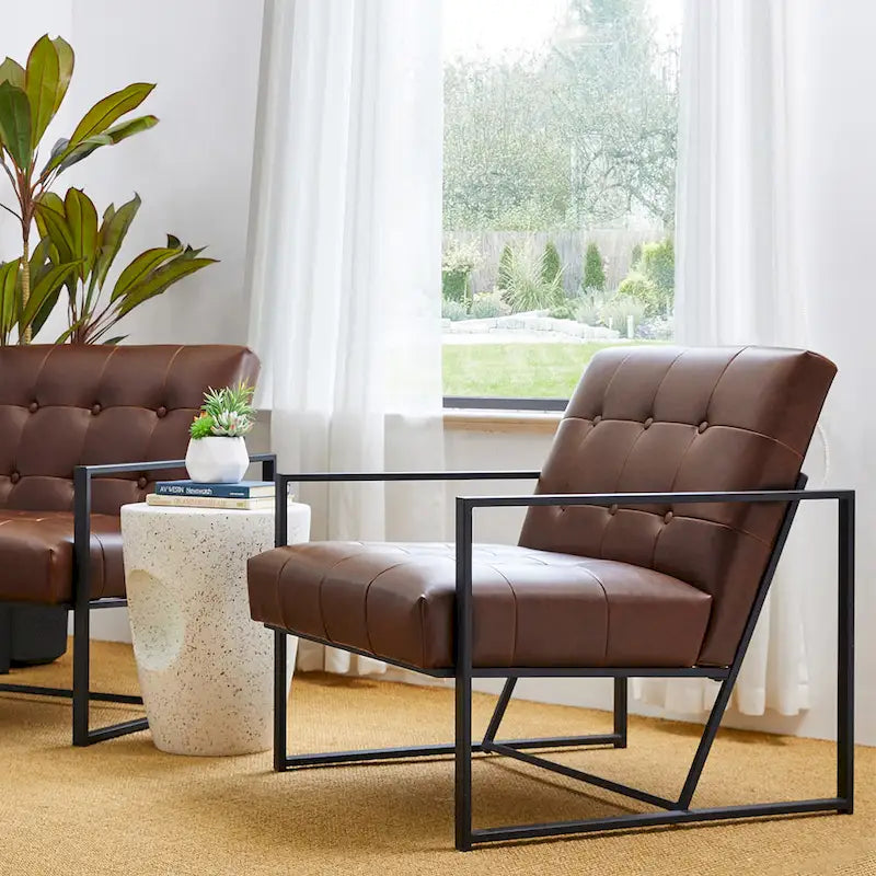 Fauteuil d'appoint capitonné en similicuir de style Mid-Century marron/noir/vert foncé/cadre jaune chromé/camel/crème/vert chasseur/bleu marine – usage unique