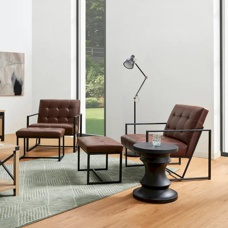 Fauteuil d'appoint capitonné en similicuir de style Mid-Century marron/noir/vert foncé/cadre jaune chromé/camel/crème/vert chasseur/bleu marine – usage unique