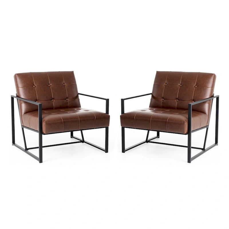 Fauteuil d'appoint capitonné en similicuir de style Mid-Century marron/noir/vert foncé/cadre jaune chromé/camel/crème/vert chasseur/bleu marine – usage unique