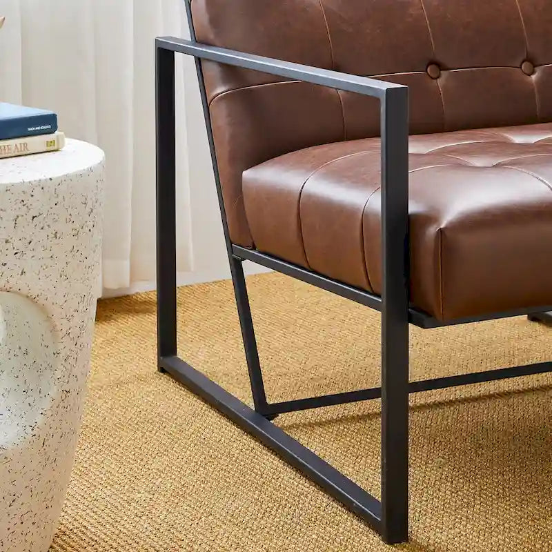 Fauteuil d'appoint capitonné en similicuir de style Mid-Century marron/noir/vert foncé/cadre jaune chromé/camel/crème/vert chasseur/bleu marine – usage unique