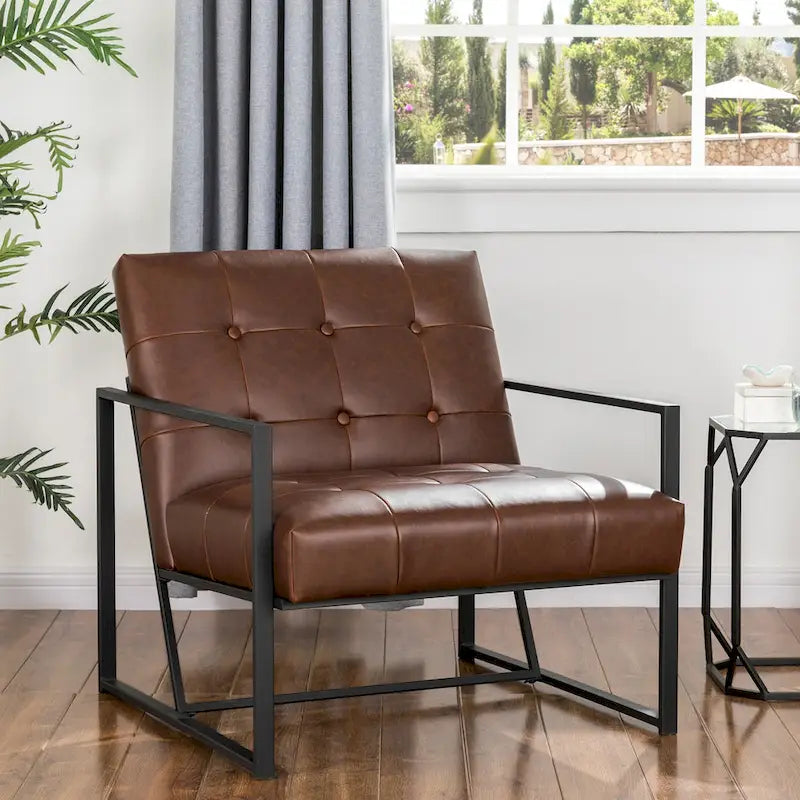 Fauteuil d'appoint capitonné en similicuir de style Mid-Century marron/noir/vert foncé/cadre jaune chromé/camel/crème/vert chasseur/bleu marine – usage unique