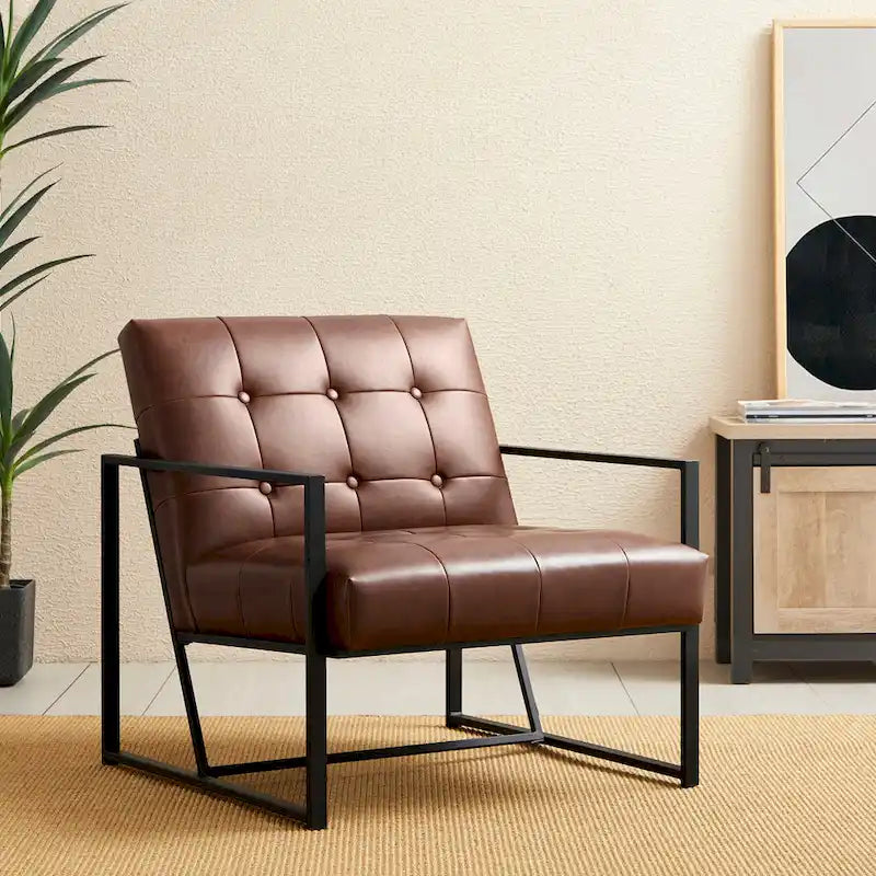 Fauteuil d'appoint capitonné en similicuir de style Mid-Century marron/noir/vert foncé/cadre jaune chromé/camel/crème/vert chasseur/bleu marine – usage unique