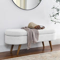 Banc de rangement capitonné en lin blanc/beige/gris avec pieds en bois massif - Utilisation unique