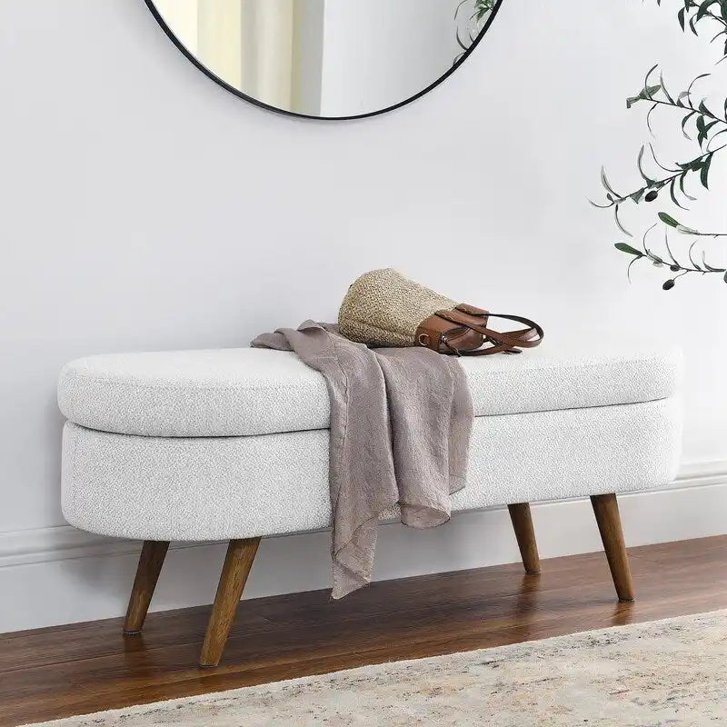 Banc de rangement capitonné en lin blanc/beige/gris avec pieds en bois massif - Utilisation unique