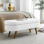 Banc de rangement capitonné en lin blanc/beige/gris avec pieds en bois massif - Utilisation unique