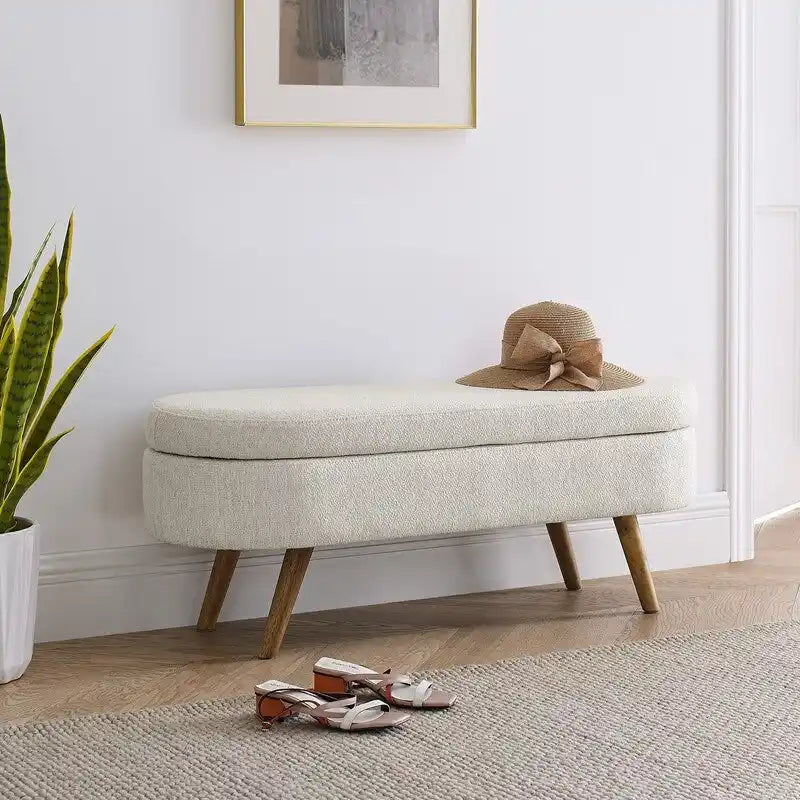 Banc de rangement capitonné en lin blanc/beige/gris avec pieds en bois massif - Utilisation unique