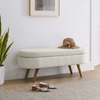 Banc de rangement capitonné en lin blanc/beige/gris avec pieds en bois massif - Utilisation unique