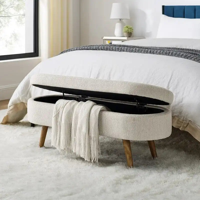 Banc de rangement capitonné en lin blanc/beige/gris avec pieds en bois massif - Utilisation unique