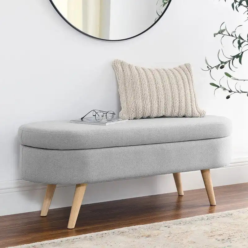 Banc de rangement capitonné en lin blanc/beige/gris avec pieds en bois massif - Utilisation unique