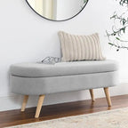 Banc de rangement capitonné en lin blanc/beige/gris avec pieds en bois massif - Utilisation unique