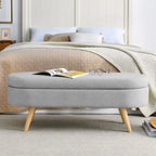 Banc de rangement capitonné en lin blanc/beige/gris avec pieds en bois massif - Utilisation unique