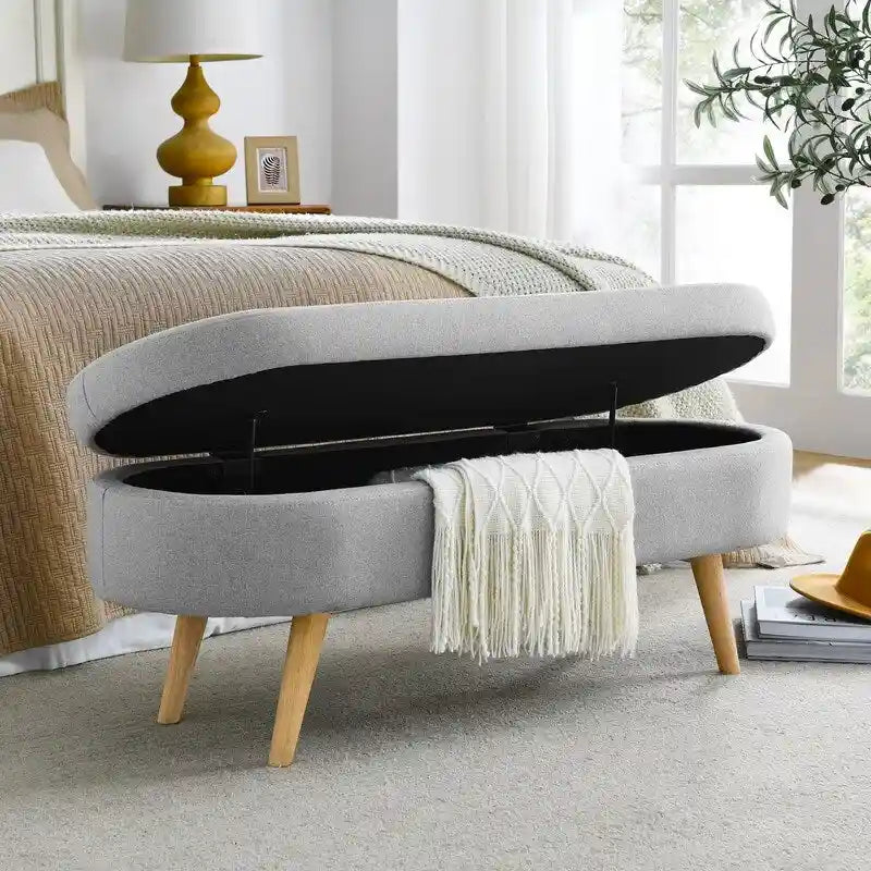 Banc de rangement capitonné en lin blanc/beige/gris avec pieds en bois massif - Utilisation unique