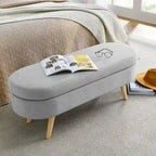 Banc de rangement capitonné en lin blanc/beige/gris avec pieds en bois massif - Utilisation unique