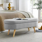 Banc de rangement capitonné en lin blanc/beige/gris avec pieds en bois massif - Utilisation unique