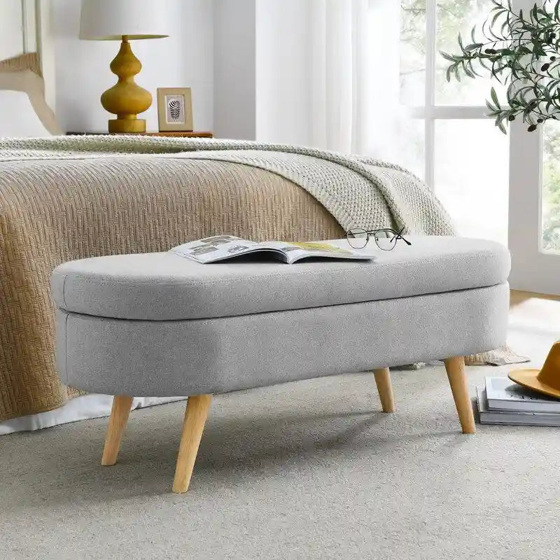 Banc de rangement capitonné en lin blanc/beige/gris avec pieds en bois massif - Utilisation unique