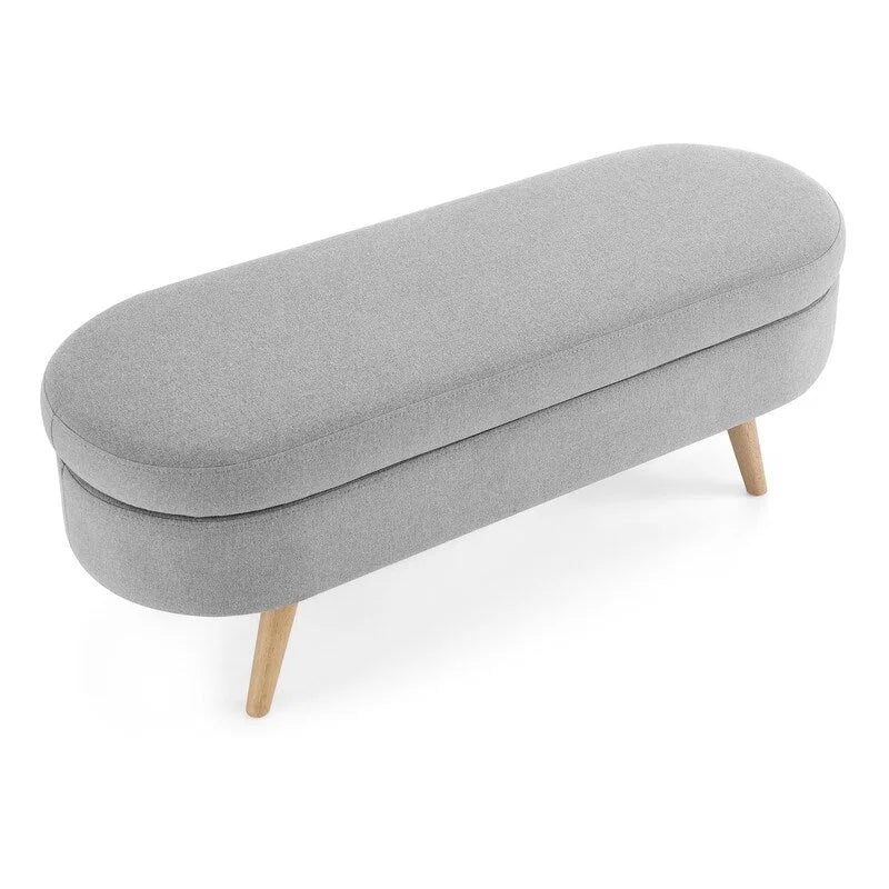 Banc de rangement capitonné en lin blanc/beige/gris avec pieds en bois massif - Utilisation unique