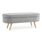 Banc de rangement capitonné en lin blanc/beige/gris avec pieds en bois massif - Utilisation unique