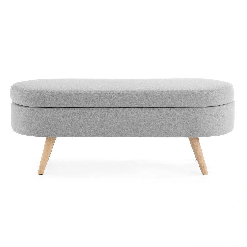 Banc de rangement capitonné en lin blanc/beige/gris avec pieds en bois massif - Utilisation unique