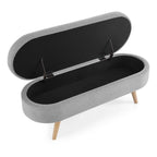 Banc de rangement capitonné en lin blanc/beige/gris avec pieds en bois massif - Utilisation unique