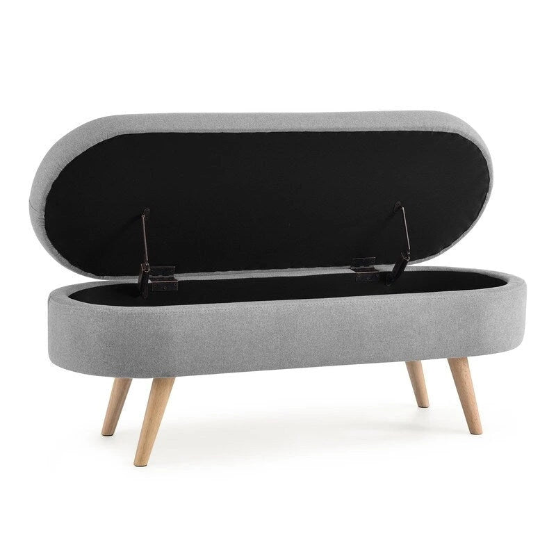 Banc de rangement capitonné en lin blanc/beige/gris avec pieds en bois massif - Utilisation unique
