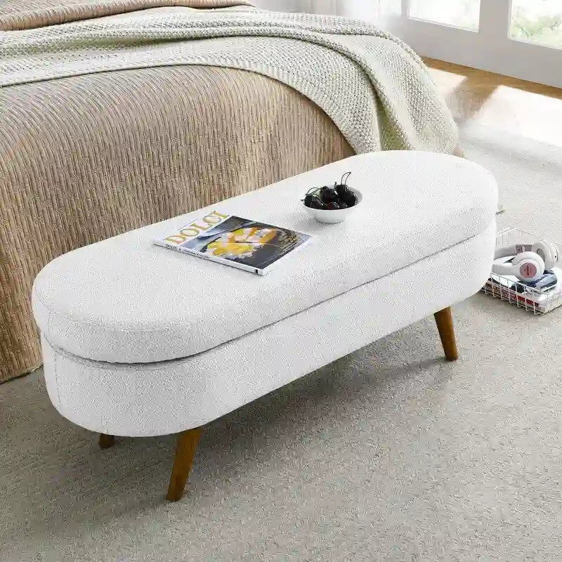 Banc de rangement capitonné en lin blanc/beige/gris avec pieds en bois massif - Utilisation unique