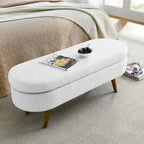 Banc de rangement capitonné en lin blanc/beige/gris avec pieds en bois massif - Utilisation unique