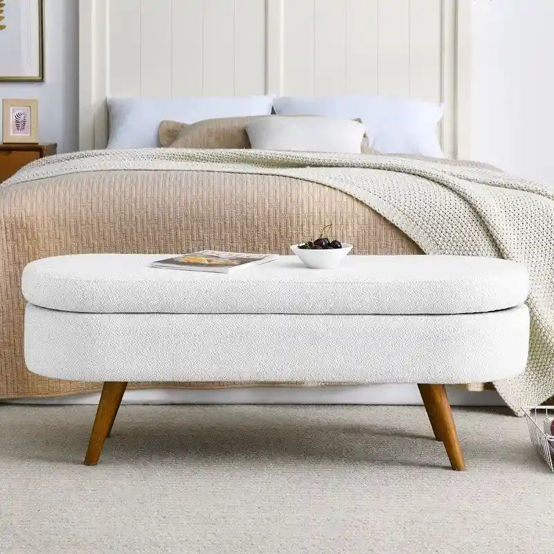 Banc de rangement capitonné en lin blanc/beige/gris avec pieds en bois massif - Utilisation unique