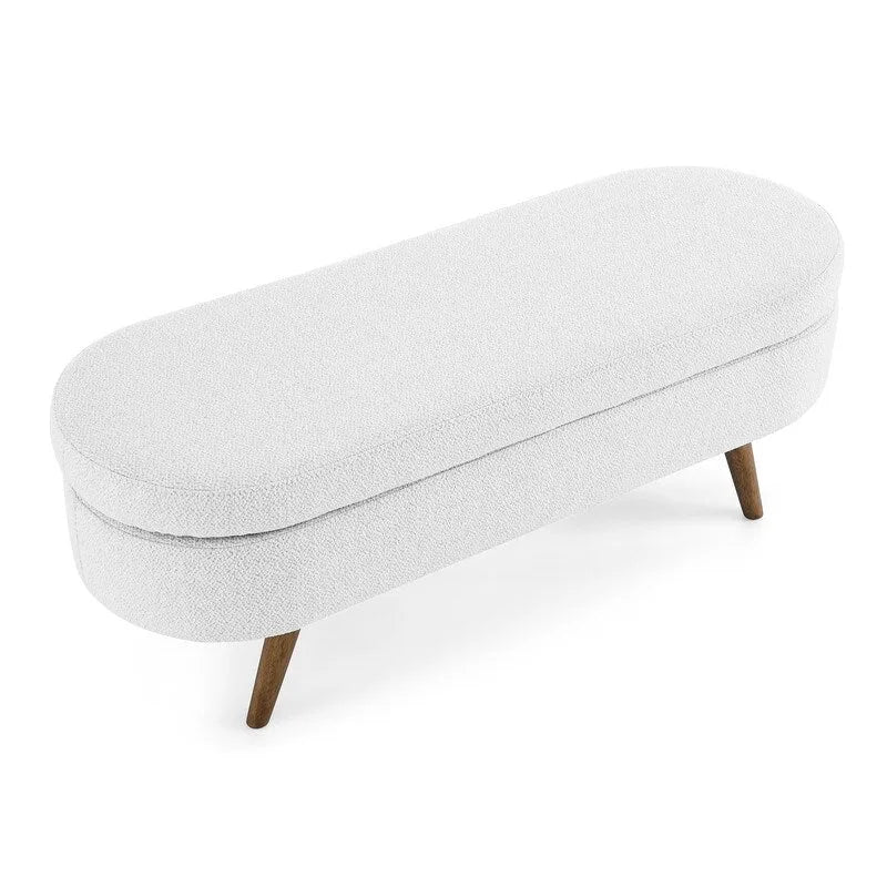Banc de rangement capitonné en lin blanc/beige/gris avec pieds en bois massif - Utilisation unique