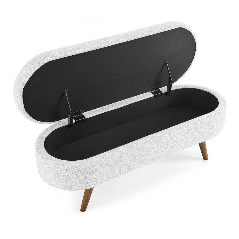 Banc de rangement capitonné en lin blanc/beige/gris avec pieds en bois massif - Utilisation unique