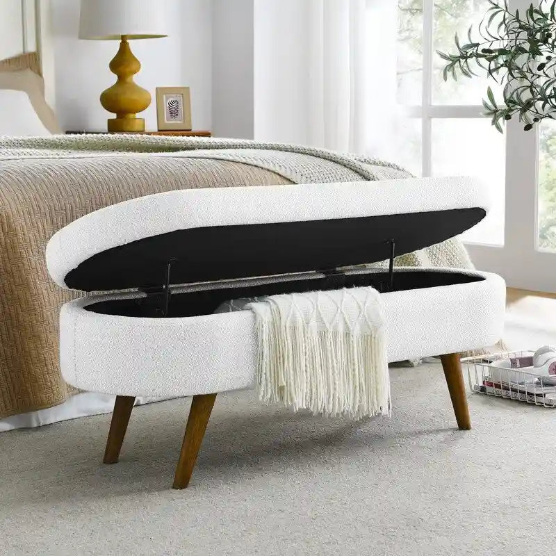 Banc de rangement capitonné en lin blanc/beige/gris avec pieds en bois massif - Utilisation unique