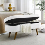 Banc de rangement capitonné en lin blanc/beige/gris avec pieds en bois massif - Utilisation unique